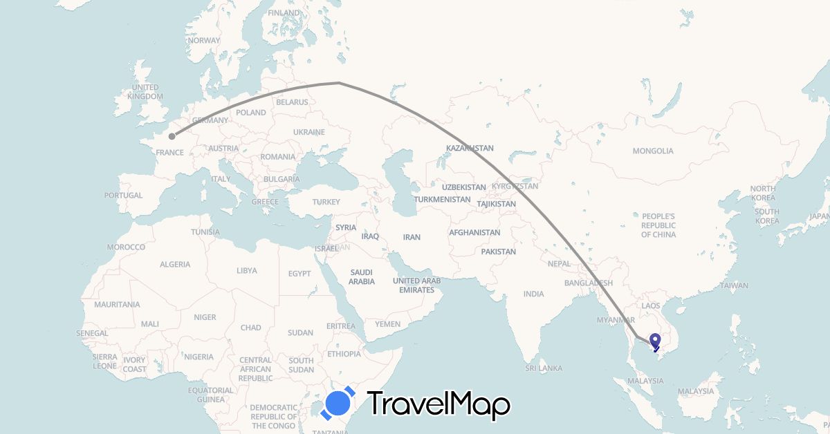 TravelMap itinerary: driving, plane in France, Cambodia, Russia, Thailand (Asia, Europe)