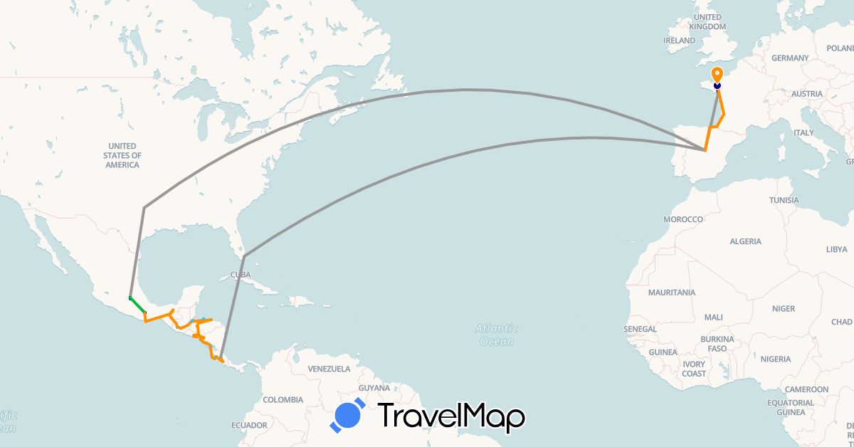 TravelMap itinerary: driving, bus, plane, hiking, boat, hitchhiking in Costa Rica, Spain, France, Guatemala, Honduras, Mexico, Nicaragua, El Salvador, United States (Europe, North America)